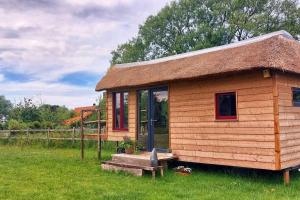 una piccola cabina in legno in un prato di Tiny in de polders a Zuienkerke