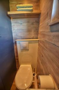 un piccolo bagno con servizi igienici e pareti in legno di Tiny in de polders a Zuienkerke