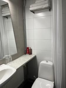 a bathroom with a sink and a toilet and a mirror at SEO Motel Alavieska in Alavieska
