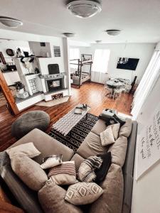 una sala de estar con un gran sofá marrón en una habitación en Farm hostel - The house, en Elektrėnai