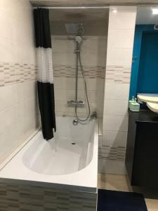 W łazience znajduje się prysznic i wanna. w obiekcie Paisible logement tout équipé pour 1 à 6 personnes w mieście Ebersheim