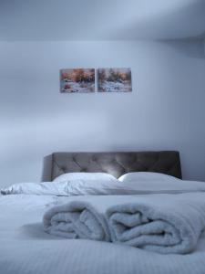 Apartman Green في Šišava: غرفة نوم عليها سرير وبطانيات بيضاء