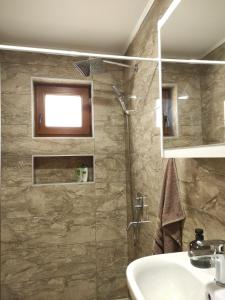 a bathroom with a shower and a sink and a mirror at Apartman Green in Šišava