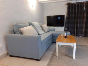 a living room with a blue couch and a table at La Vieille Maison aux Canards in Neuvic-Entier