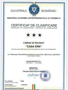 Certifikát, hodnocení, plakát nebo jiný dokument vystavený v ubytování CASA ERk