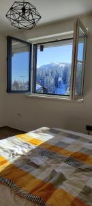 a bedroom with a bed and two large windows at Twin mountain in Kopaonik