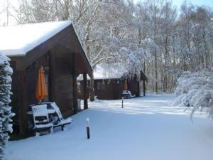 Cabaña cubierta de nieve con sillas y sombrilla en SILVER BIRCH - 2 Bedroom Lodge en Kingsnorth