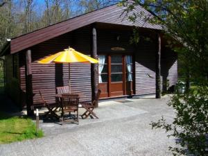 Cabaña de madera con mesa y sombrilla en SILVER BIRCH - 2 Bedroom Lodge en Kingsnorth