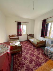 Habitación con 2 camas y alfombra. en Διαμέρισμα στο κέντρο του χωριού en Kotrónion