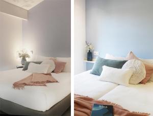 two images of a bedroom with a bed with white and pink pillows at Quinta Milhão - Casa do Pomar in Guimarães +17 photos