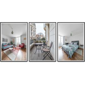 três fotografias de uma sala de estar e de uma sala de jantar em Appartement design La Petite Europe - Idéal Curistes em Vichy