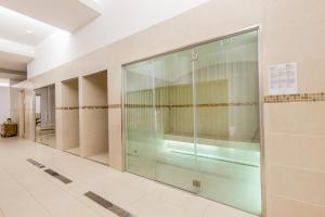 a walk in shower with glass doors in a room at The Pelican Beach Resort & SPA - Adults Only in Olbia