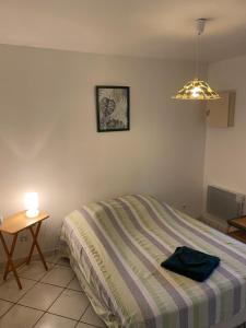 - une chambre avec un lit, une table et une lampe dans l'établissement Les Rolanges Chambres d'hôtes, à Saint-Bernard