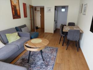 ein Wohnzimmer mit einem Sofa und einem Tisch in der Unterkunft Apartment Nannerl in Salzburg