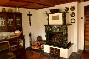a living room with a fireplace with a microwave above it at Chata Doubice in Doubice