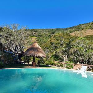 a swimming pool with a chair and a straw hut at Pousada do Coura in Pouso Alto