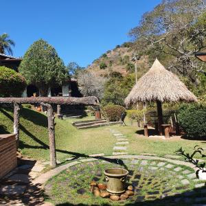a garden with a fountain and a thatch roof at Pousada do Coura in Pouso Alto