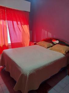 1 dormitorio con 1 cama grande y paredes rojas en Casa ana en Ezeiza