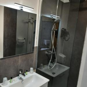 a bathroom with a sink and a shower and a mirror at Hôtel Les Beaux Arts- Limoges Hypercentre in Limoges