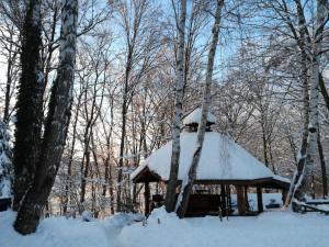um gazebo coberto de neve na floresta em Kryjówka Ichuna em Werlas