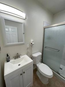 a bathroom with a toilet and a sink and a mirror at Brand New 2BR CUTE Blue LED in North Fresno in Fresno