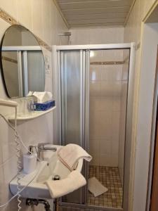 uma casa de banho com um chuveiro, um lavatório e um espelho. em Hotel Weinhaus Am Stiftstor em Treis-Karden