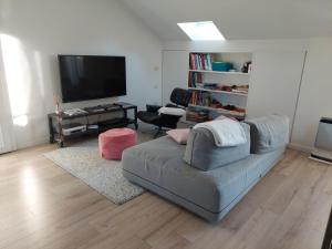 salon z kanapą i telewizorem z płaskim ekranem w obiekcie Mansarda Olgiati zona Navigli w Mediolanie