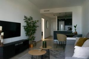 sala de estar con sofá y TV y cocina en Apartment Manilva, en Manilva