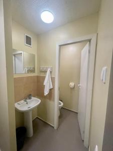 uma casa de banho com um lavatório e um WC em Savan House "Easy Kaunas" em Kaunas