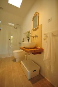 La salle de bains est pourvue d'un lavabo, de toilettes et d'un miroir. dans l'établissement Casas de Santiago, à Vila Nova de Cerveira