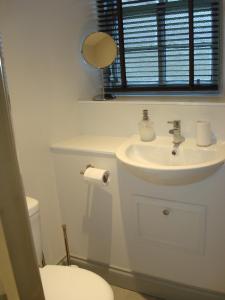 a bathroom with a sink and a toilet and a mirror at Dunvegan Castle Laundry Cottage in Dunvegan