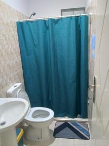 a bathroom with a toilet and a blue shower curtain at Casa Familiar Pôr do Sol in Ribeira Grande +119 photos