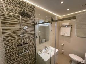 ein Bad mit einer Dusche, einem Waschbecken und einem WC in der Unterkunft Omnia Apartments in Iaşi