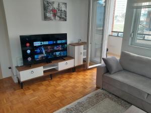 Gray Apartment 1 Pristina في بريشتيني: غرفة معيشة مع أريكة وتلفزيون بشاشة مسطحة