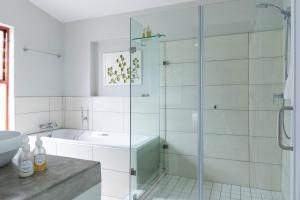 a glass shower in a bathroom with a sink at Atlantic-Square Guesthouse in Swakopmund
