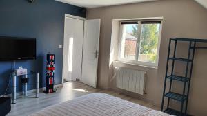 Schlafzimmer mit einem Bett, einem TV und einem Fenster in der Unterkunft Studio au centre du triangle Reims-Epernay-Chalons 