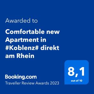 Ein Zertifikat, Auszeichnung, Logo oder anderes Dokument, das in der Unterkunft Comfortable new Apartment in #Koblenz# direkt am Rhein ausgestellt ist