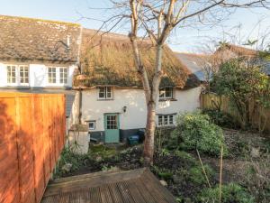 an old white house with a grass roof at Jean's Cottage in Exeter