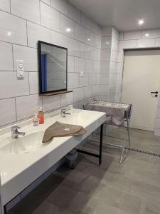 ein Bad mit einem Waschbecken und einem Spiegel in der Unterkunft Kota à la ferme in Beaumont-en-Argonne