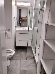 łazienka z toaletą, umywalką i prysznicem w obiekcie Résidence Graziella Studio 227 w mieście Juan-les-Pins