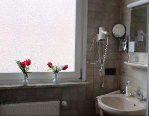 Baño con 2 jarrones con flores rojas en una ventana en Lessinghof, en Brunswick