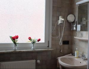 a bathroom with two vases with red flowers on a window at Lessinghof in Braunschweig