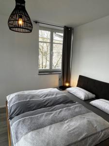 a bedroom with a large bed and a window at Altstadtwohnung - Old Town in Trostberg an der Alz