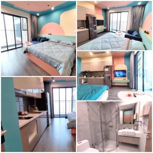 eine Collage mit vier Bildern eines Schlafzimmers in der Unterkunft NK#Homestay#Vinhomes#OceanPark#1PN#C20 in Gia Lâm Pho