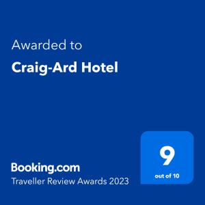 Ett certifikat, pris eller annat dokument som visas upp på Craig-Ard Hotel