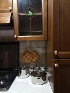 - 2 casseroles et des poêles dans la cuisine dans l'établissement Casa Pie' di Monte, à Bisegna
