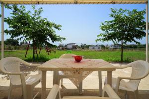 a white table with chairs and a red bowl on it at Makridis Summer Villas in Paralía Avdhíron