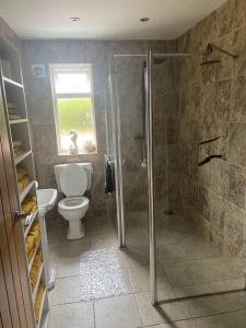 a bathroom with a shower and a toilet and a sink at Pet friendly unique 4-Bed Bungalow in Porthcawl in Porthcawl
