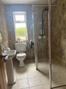 a bathroom with a shower and a toilet and a sink at Pet friendly unique 4-Bed Bungalow in Porthcawl in Porthcawl
