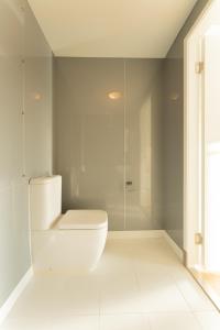 a white bathroom with a toilet and a shower at Stylish Aparthotel in Tórshavn in Tórshavn +2 photos